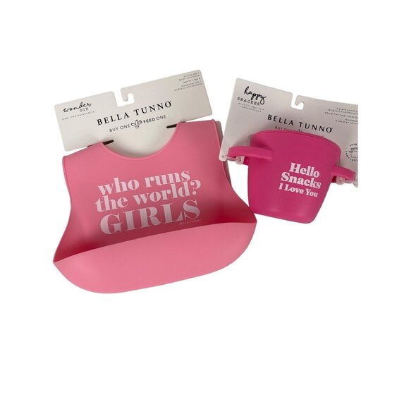 Bella Tunno Pink Wonder Who Runs The World Girls Bib & Happy Snacker Set NWT - Picture 1 of 7